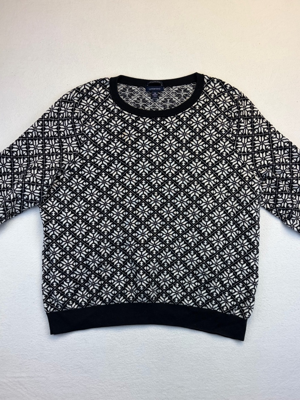 Lands End Lightweight Sweater Black White Fair Isle 100% Supima Cotton 2X winter